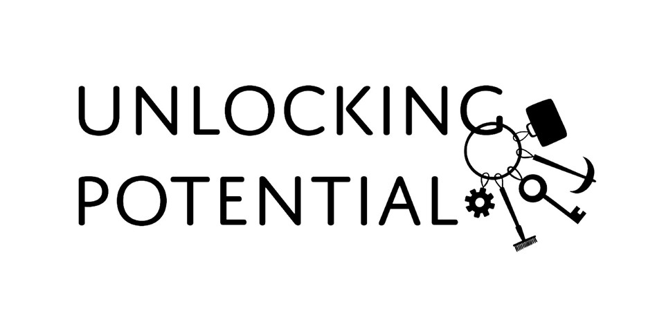 A black logo on a white background: the words ‘Unlocking Potential’ with work tools and a key attached to a keyring dangling from the ‘G’ 